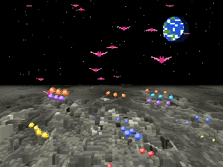 Moon: pink bats falling on a cratered moon, Earth in the sky